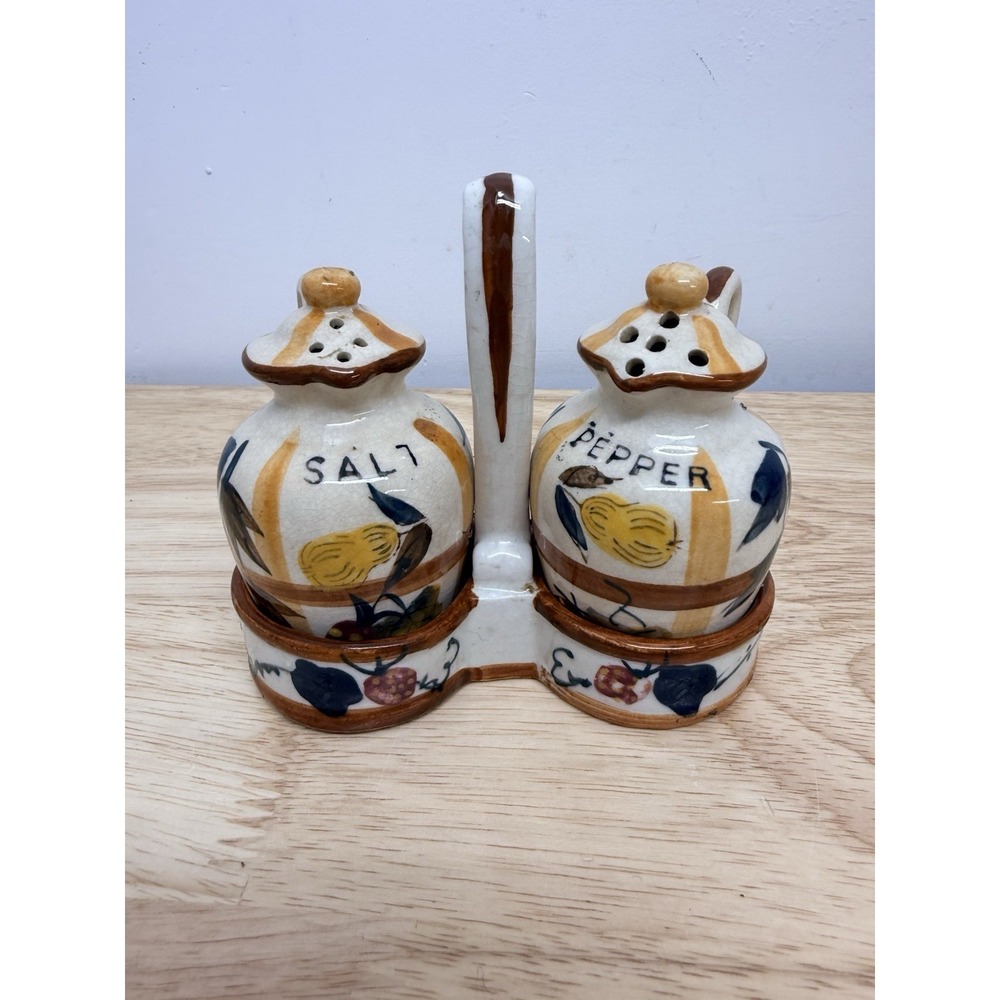 Vintage 60s NASCO Japan‎ Hand Painted Ceramic Salt & Pepper Shakers Caddy #16